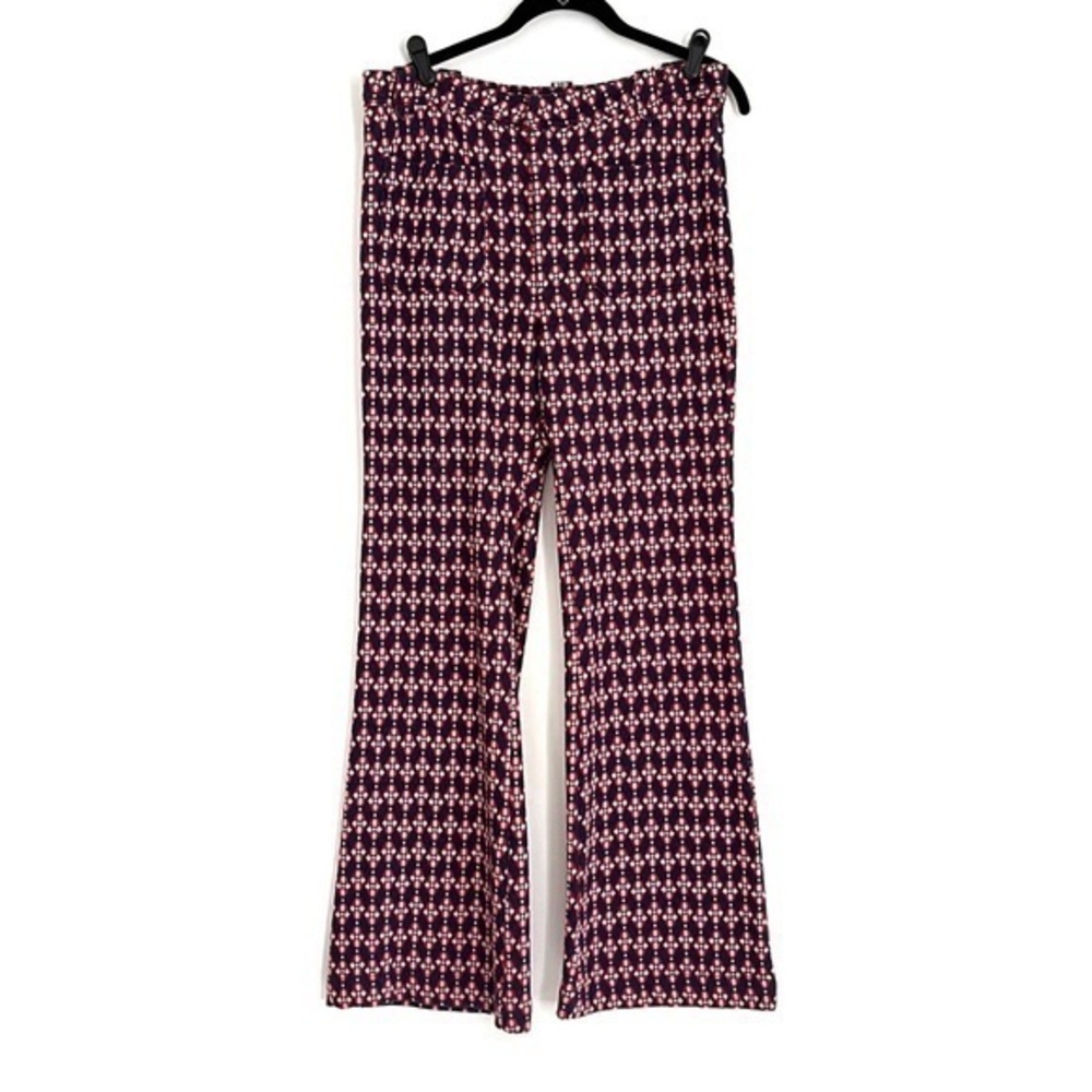 Free People High Rise Hip Hugging Jacquard Flares Navy Red Retro Pants Size 12